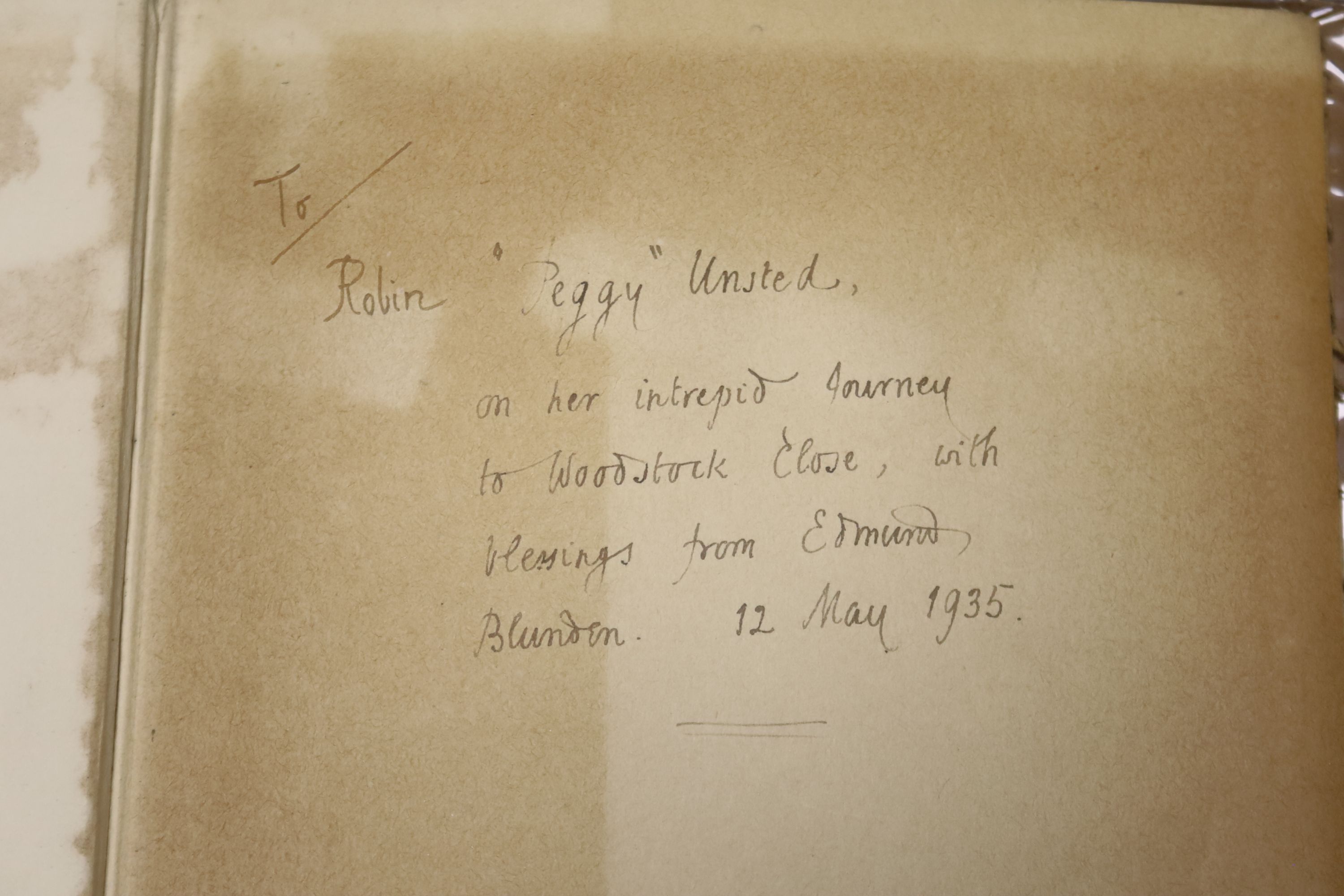 Blunden, Edmund, 'Near and Far, New Poems', 8vo hardback, (dj present, some tears to borders, plastic wrapped) inscribed 'To Robin 'Peggy' Unsted, on her intrepid journey to woodstock close, with blessings from Edmund Bl